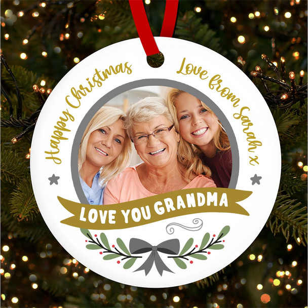 Love You Grandma Photo Bow Gold Personalised Christmas Tree Ornament Decoration