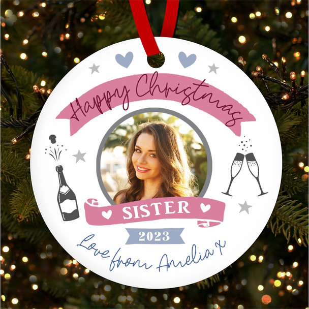 Sister Photo Pink Purple Cheers Personalised Christmas Tree Ornament Decoration