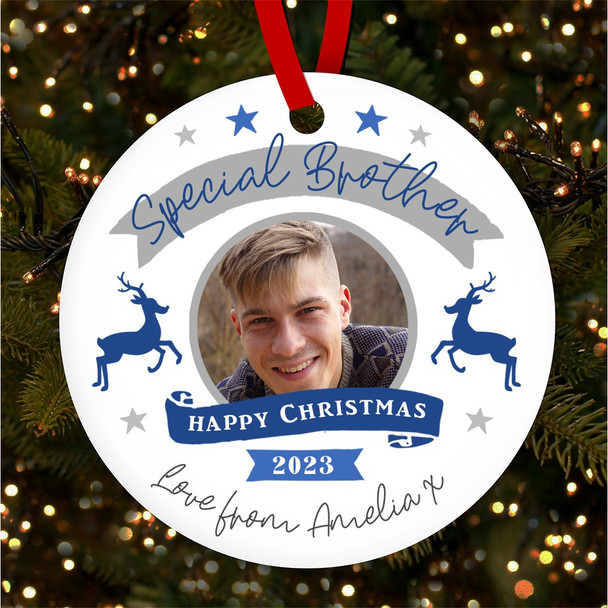 Special Brother Blue Photo Deer Personalised Christmas Tree Ornament Decoration