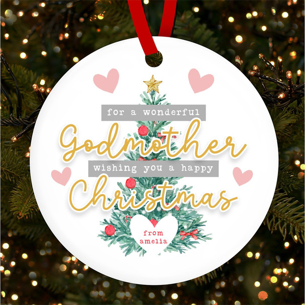 Wonderful Godmother Tree Hearts Personalised Christmas Tree Ornament Decoration