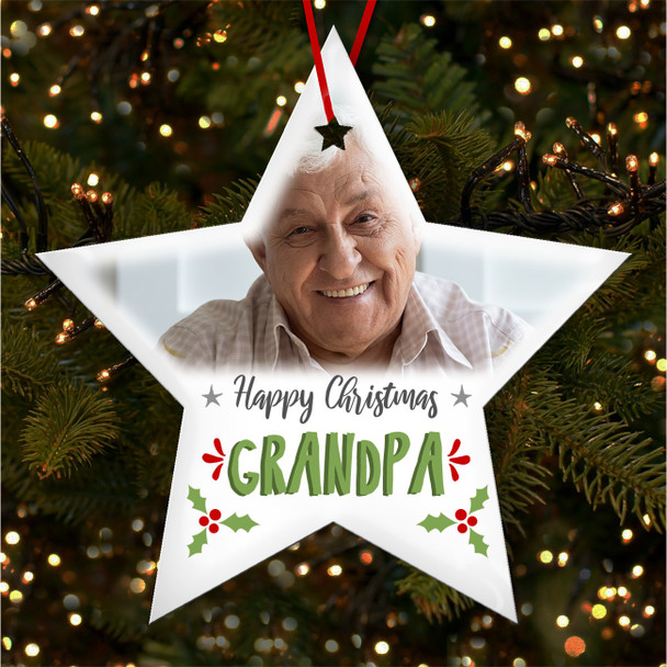 Grandpa Happy Photo Holly Stars Personalised Christmas Tree Ornament Decoration