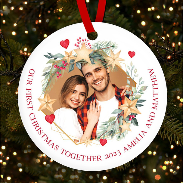 First Together Couple Photo Gold red Custom Christmas Tree Ornament Decoration