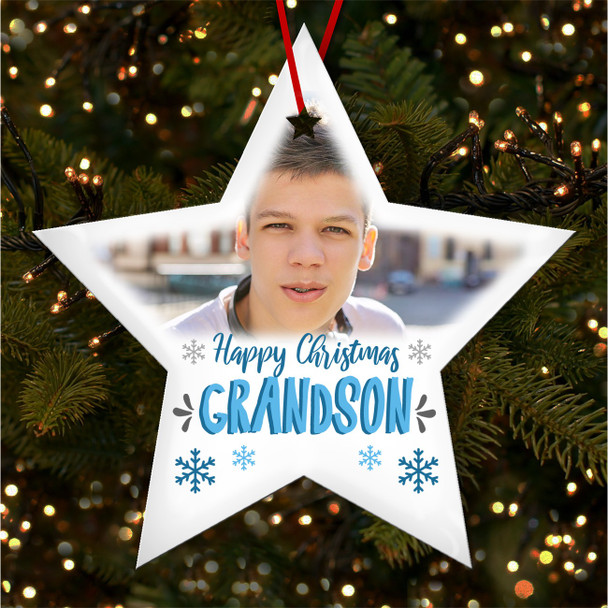 Grandson Photo Blue Snowflakes Personalised Christmas Tree Ornament Decoration