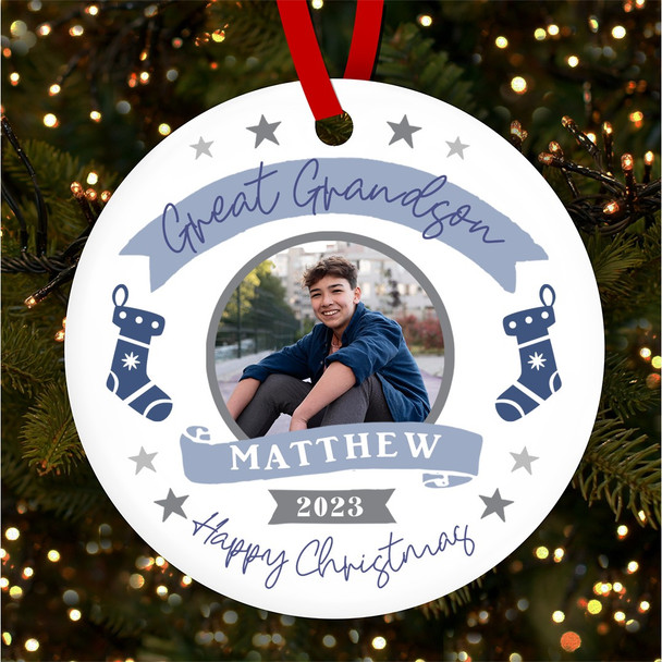 Great Grandson Photo Stocking Personalised Christmas Tree Ornament Decoration