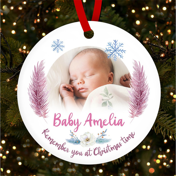 Baby Girl Memorial Feather Snowflakes Photo Custom Christmas Tree Decoration