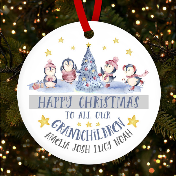 Grandchildren Penguins Stars Personalised Christmas Tree Ornament Decoration