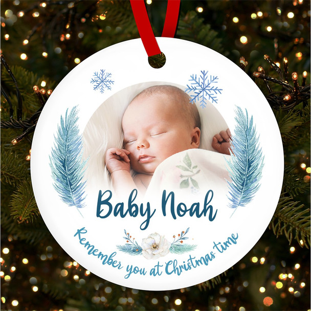 Baby Boy Memorial Feather Snowflakes Photo Custom Christmas Tree Decoration