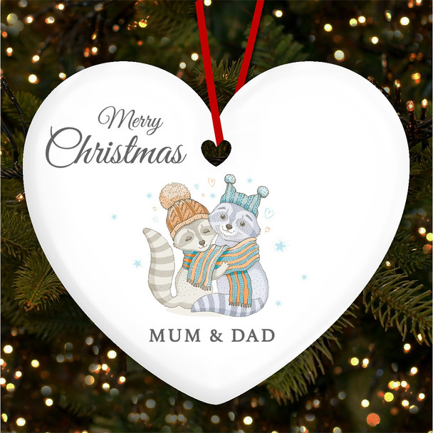 Mum And Dad Raccoon Couple Personalised Christmas Tree Ornament Decoration