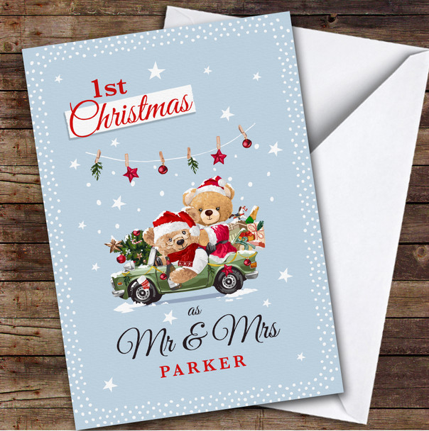 1st First Xmas As Mr & Mrs Red Car Bear Couple Personalised Christmas Card