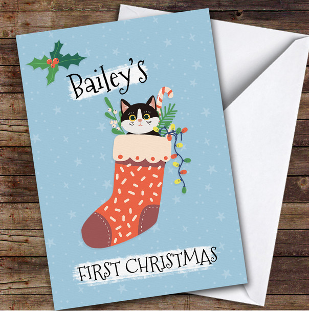 Kitten's 1st First Xmas Stocking Sock Custom Personalised Christmas Card