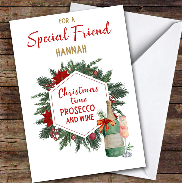 Special Friend Prosecco Time Wreath Custom Greeting Personalised Christmas Card