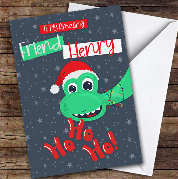 Friend Dinosaur With Santa's Hat Custom Greeting Personalised Christmas Card