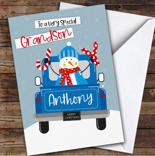 Grandson Blue Track With Snowman Custom Greeting Personalised Christmas Card