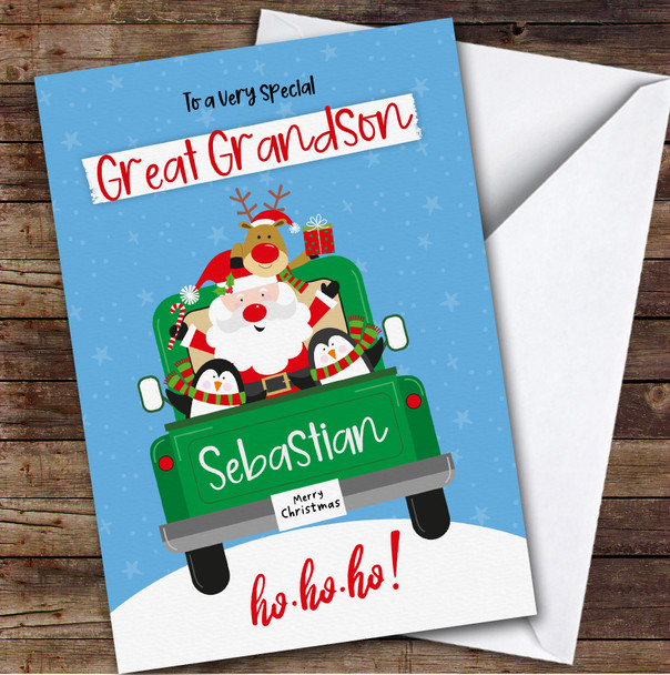 Great Grandson Santa Green Truck Custom Greeting Personalised Christmas Card