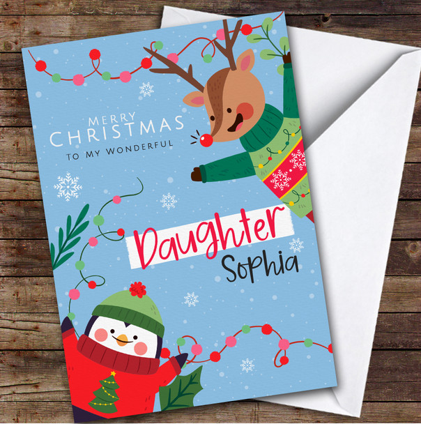 Daughter Reindeer With Penguin Custom Greeting Personalised Christmas Card