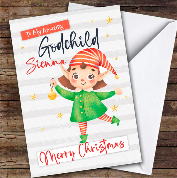 Godchild Watercolour Elf Girl Custom Greeting Personalised Christmas Card