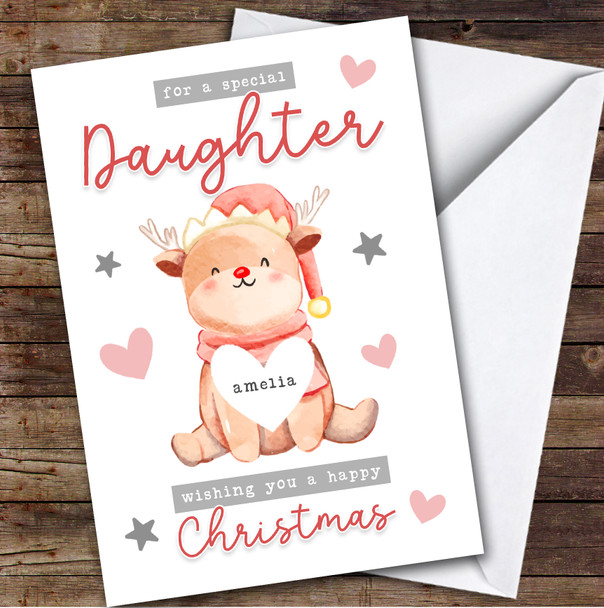 Daughter Reindeer Pink Custom Greeting Personalised Christmas Card