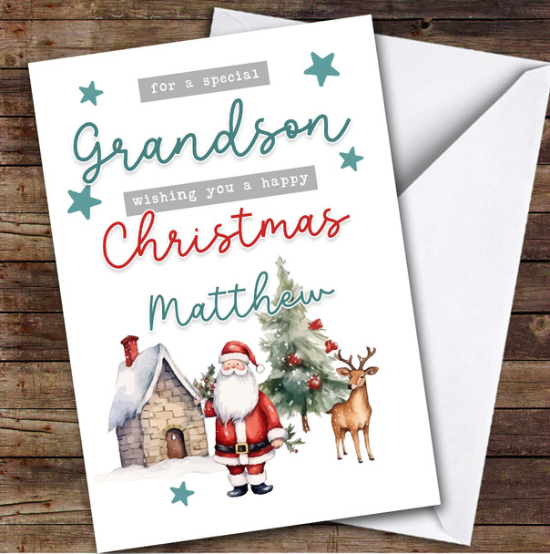 Grandson Santa Scene Custom Greeting Personalised Christmas Card