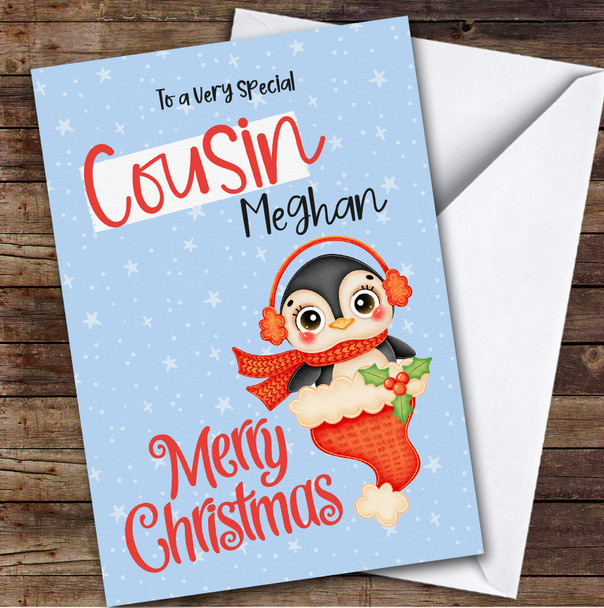 Cousin Penguin Custom Greeting Personalised Christmas Card