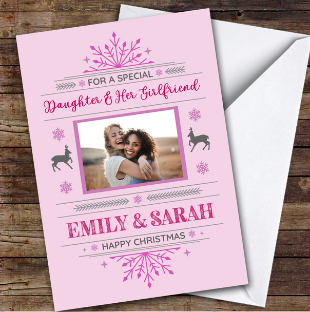 Daughter and Her Girlfriend Photo Pink Snowflake Personalised Christmas Card