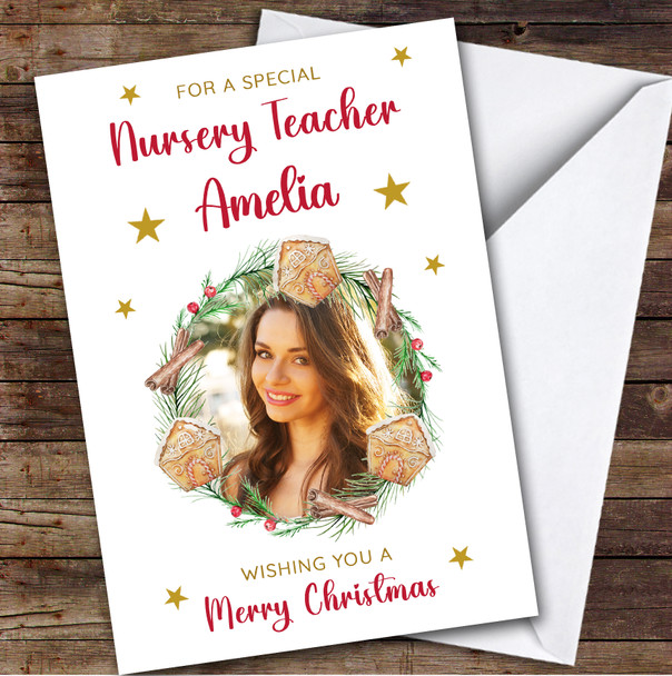 Nursery Teacher Cookie Wreath Photo Custom Greeting Personalised Christmas Card