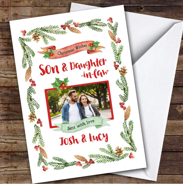 Son and Daughter-in-law Photo Holly Custom Greeting Personalised Christmas Card