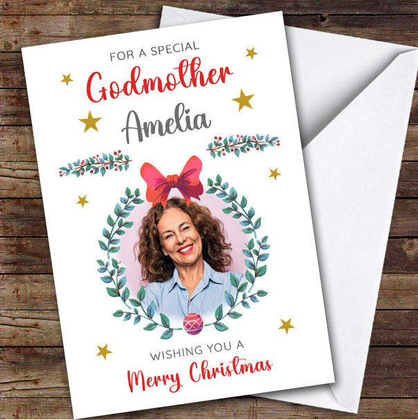 Godmother Pink Bow Wreath Photo Custom Greeting Personalised Christmas Card