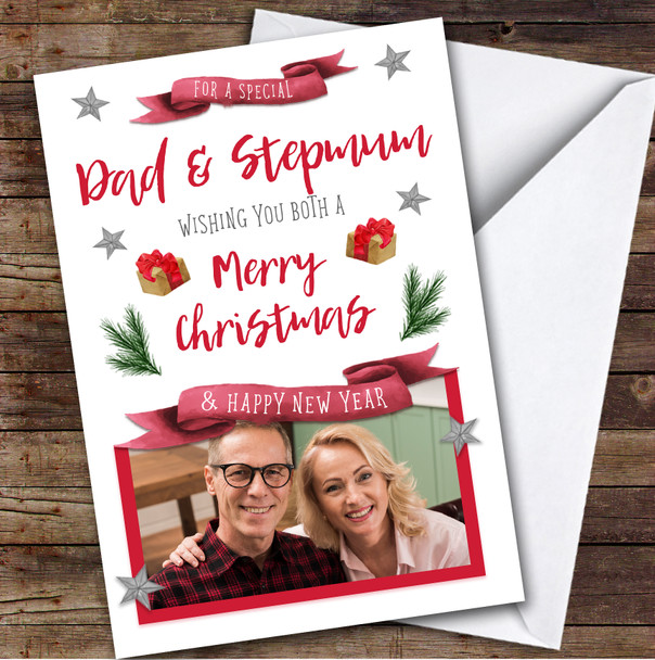 Dad & Stepmum Merry Gift Photo Custom Greeting Personalised Christmas Card