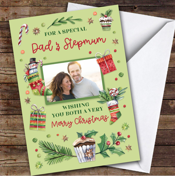 Dad and Stepmum Photo Cupcake Custom Greeting Personalised Christmas Card