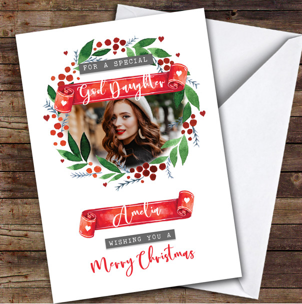 God daughter Wreath Photo Custom Greeting Personalised Christmas Card
