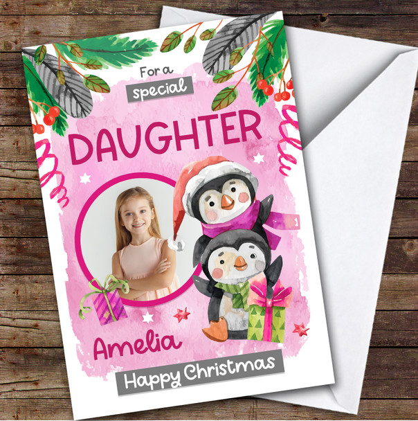 DAUGHTER Penguins Photo Custom Greeting Personalised Christmas Card