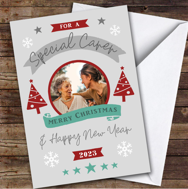 Carer Photo Grey Tree Custom Greeting Personalised Christmas Card