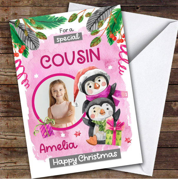 COUSIN Penguins Photo Custom Greeting Personalised Christmas Card