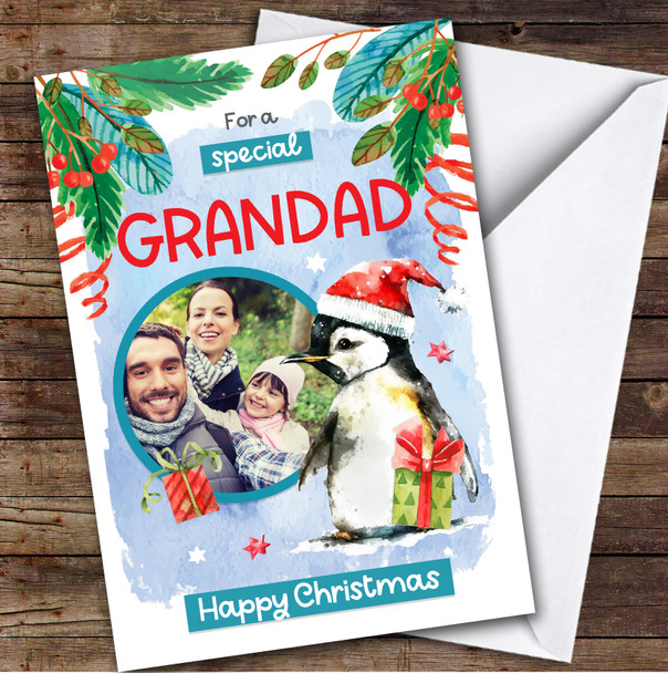 Grandad Penguin Photo Custom Greeting Personalised Christmas Card