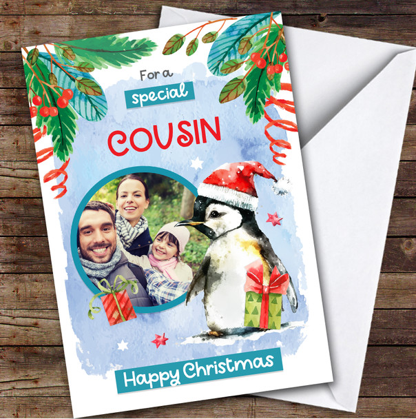 COUSIN Penguin Photo Custom Greeting Personalised Christmas Card