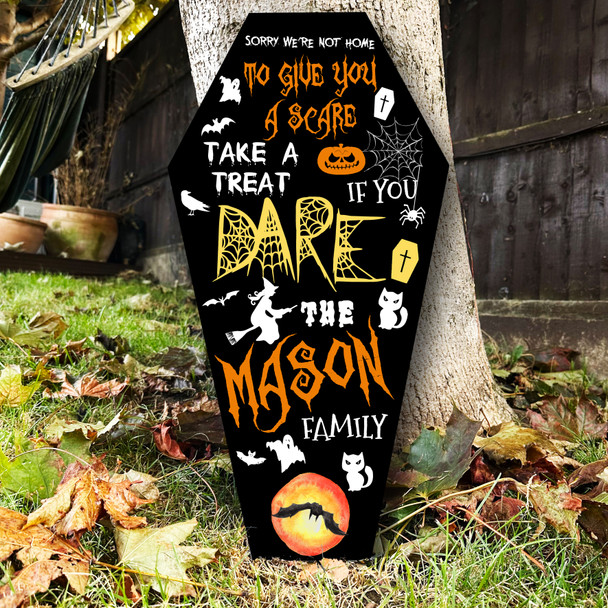 Trick Treaters Take A Treat Black Orange Coffin Personalised Halloween Sign