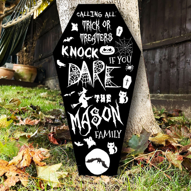 Trick Treaters Welcome To Knock Black & White Coffin Personalised Halloween Sign