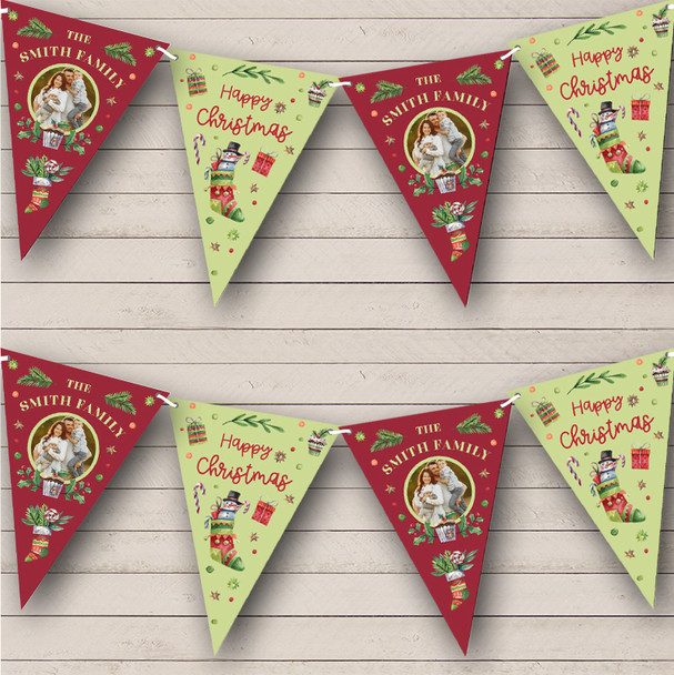 Happy Christmas Family Green Red Photo Personalised Christmas Decoration Bunting