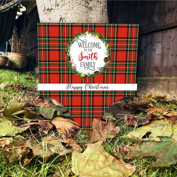 Welcome Tartan Wreath Personalised Decoration Christmas Outdoor Garden Sign
