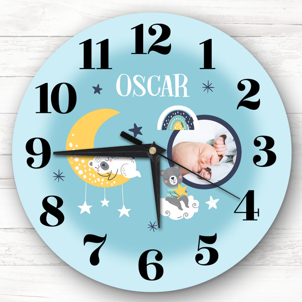 Baby Boys Nursery Room Moon Photo Blue Custom Gift Personalised Clock