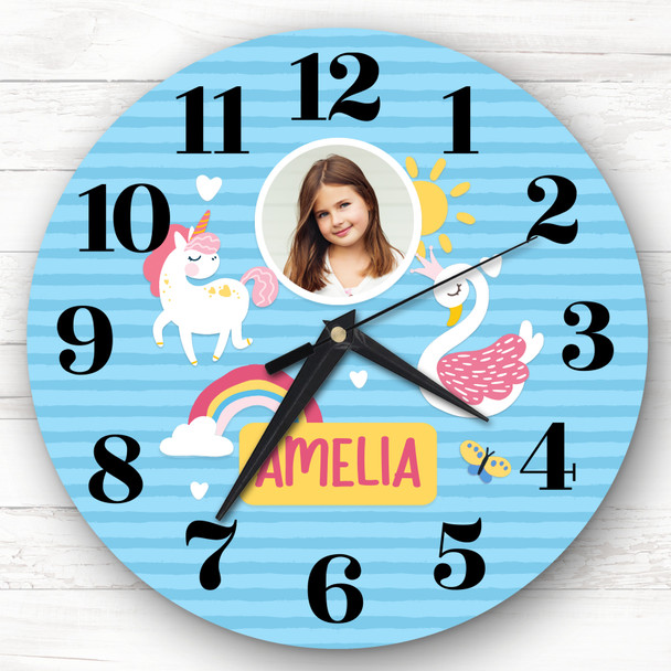 Girls Room Blue Unicorn Swan Photo Custom Gift Personalised Clock