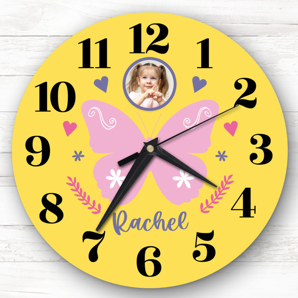 Girls Room Butterfly Yellow Photo Custom Gift Personalised Clock