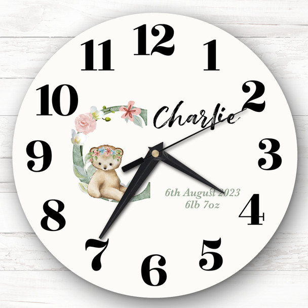 Baby Floral Watercolour Animal Alphabet Letter C Gift Personalised Clock