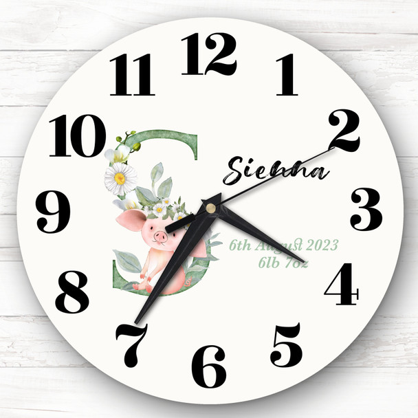 Baby Floral Watercolour Animal Alphabet Letter S Gift Personalised Clock