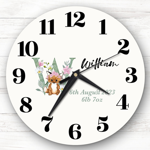 Baby Floral Watercolour Animal Alphabet Letter W Gift Personalised Clock