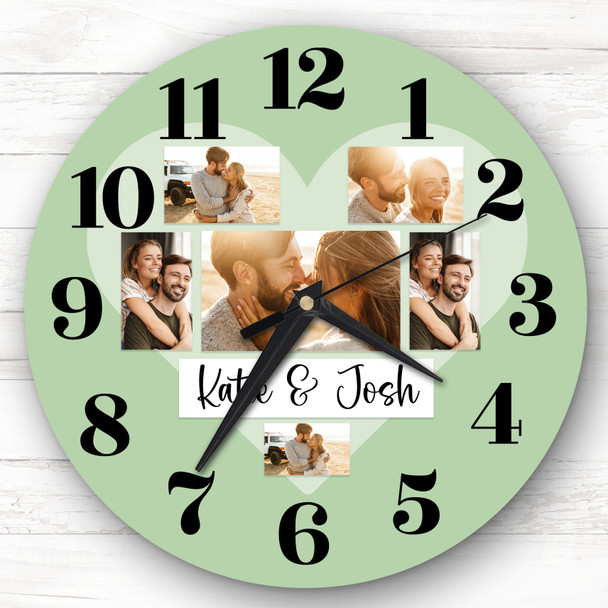 Couple Love Heart Photos Green Romantic Personalised Gift Personalised Clock