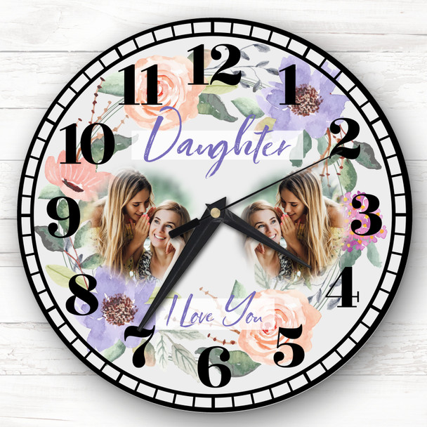 Daughter I Love You Photo Flowers Purple Grey Gift Personalised Clock
