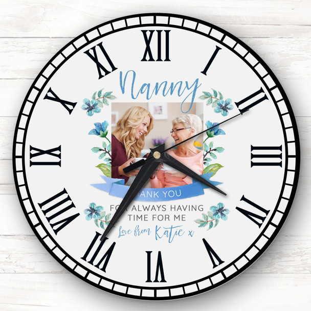 Nanny Photo Flowers Pink and Blue Banner Grey Personalised Gift Personalised Clock