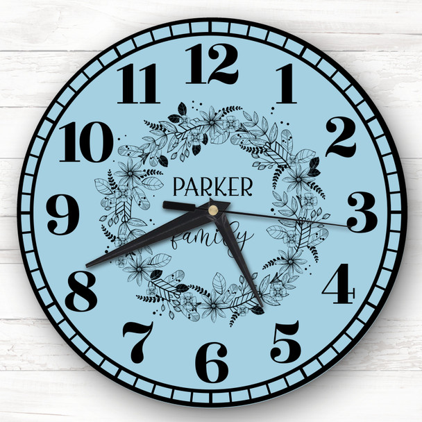 Dusky Blue Black Floral Wreath Family Name Personalised Gift Personalised Clock