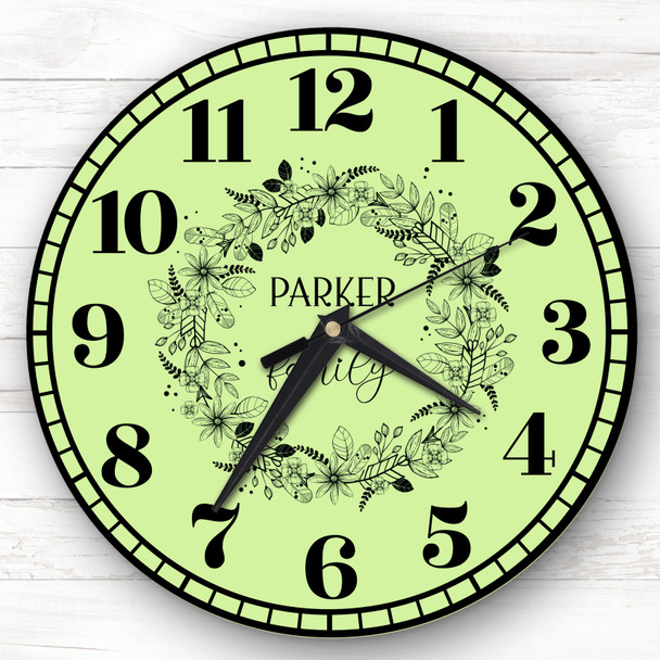 Lime Green Black Floral Wreath Family Name Personalised Gift Personalised Clock